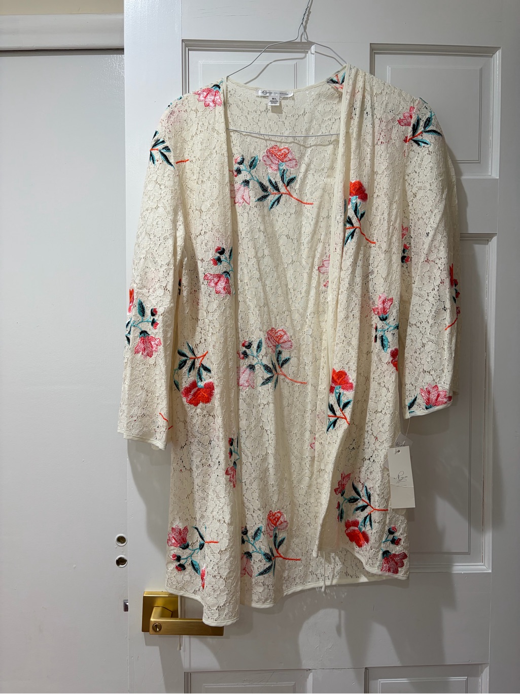 Rya Collection. Cream Lace Floral Kimono Cardigan - Pink & Teal Embroidery
